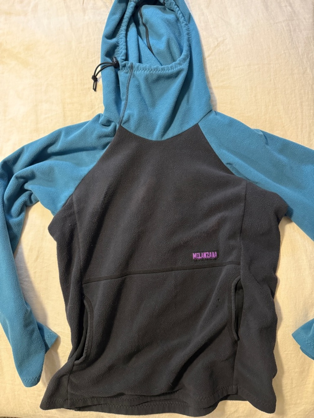 Melanzana Hooded Fleece Pullover - Teal & Charcoal with Purple Logo